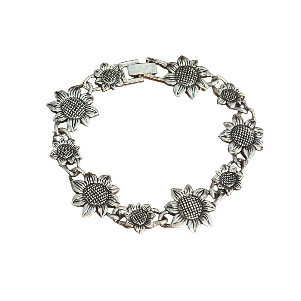Silver Tone Sunflower Flower Link Bracelet Fold Over Clasp Textured Estate 7"